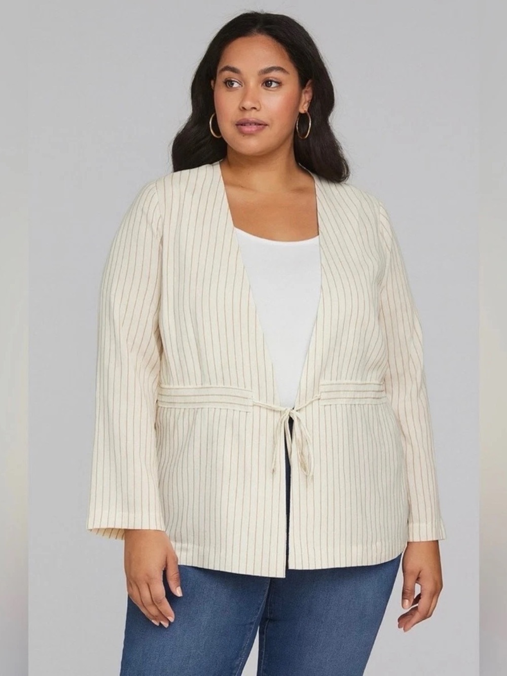 NWT Lane Bryant Striped Linen Blend Tie Waist Blazer Size 26